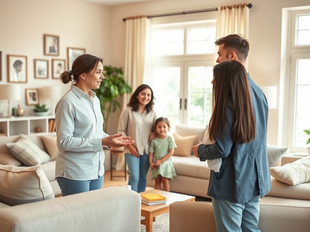Четыре человека общаются в уютной гостиной. Видно, что они наслаждаются разговором. Сзади смеётся девочка.