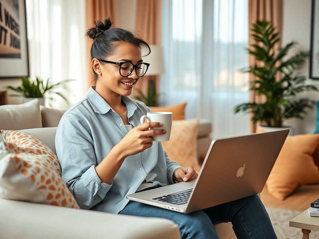 Молодая женщина сидит на диване с ноутбуком и чашкой кофе, улыбается в уютной обстановке.