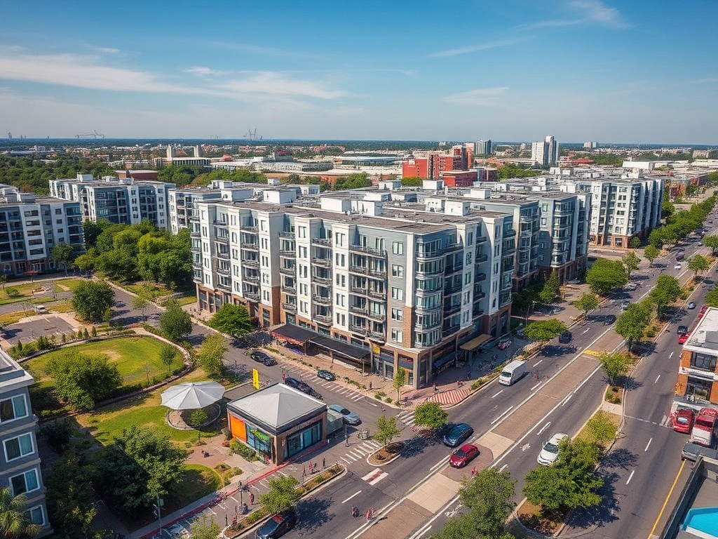 Современные жилые дома с парковой зоной и улицей, заполненной автомобилями и зелеными деревьями.