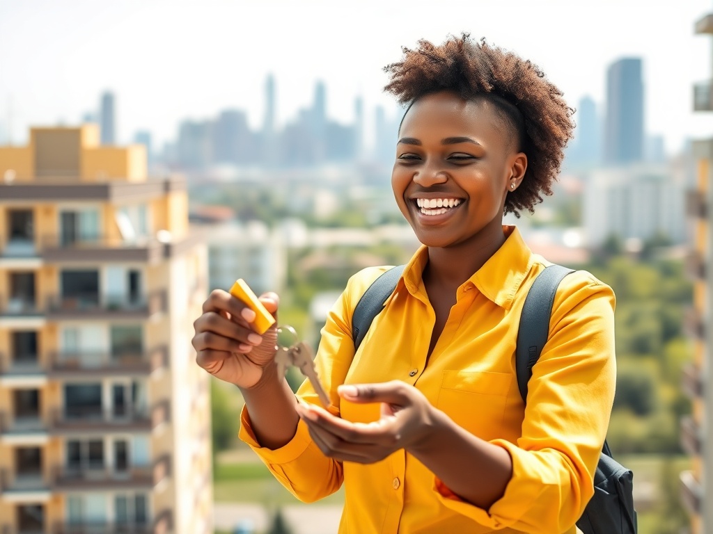 Счастливая женщина держит ключи на фоне городского пейзажа и улыбается, одетая в желтую рубашку.