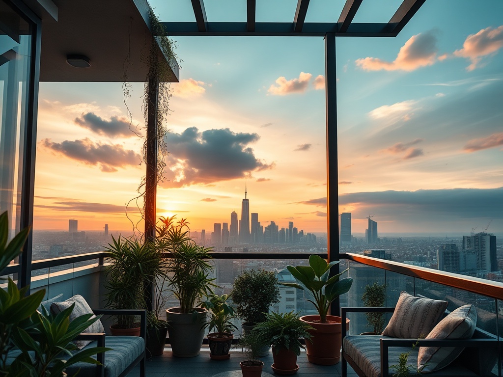 Панорамный вид на городской пейзаж на закате с балкона, окруженного зелеными растениями.