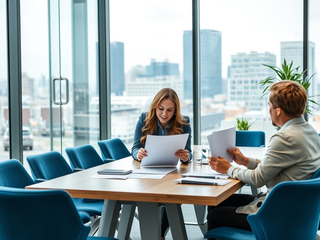 Два человека обсуждают документы в современном офисе с видом на город, сидя за столом.