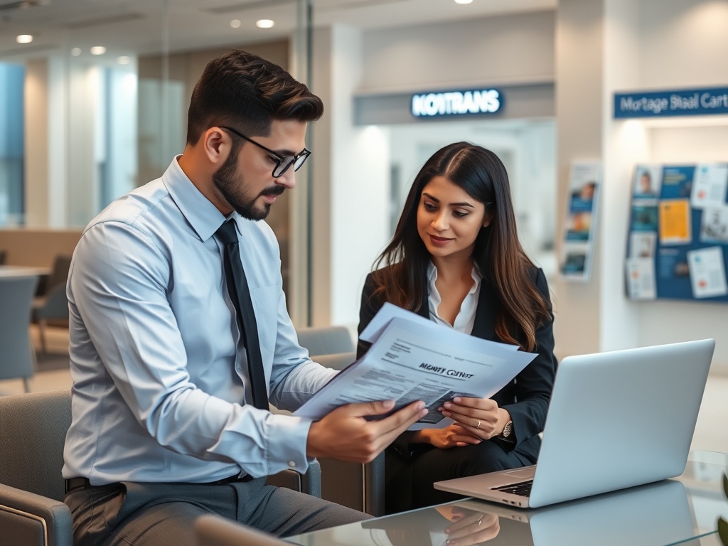 Два человека обсуждают документы, сидя за столом в офисе. На столе - ноутбук и бумаги.