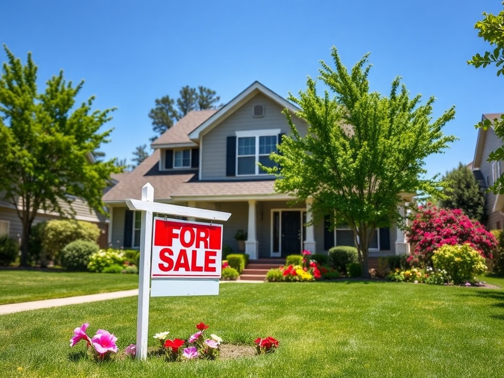 На картинке дом с объявлением "Продаётся" и яркими цветами на лужайке на фоне ясного голубого неба.