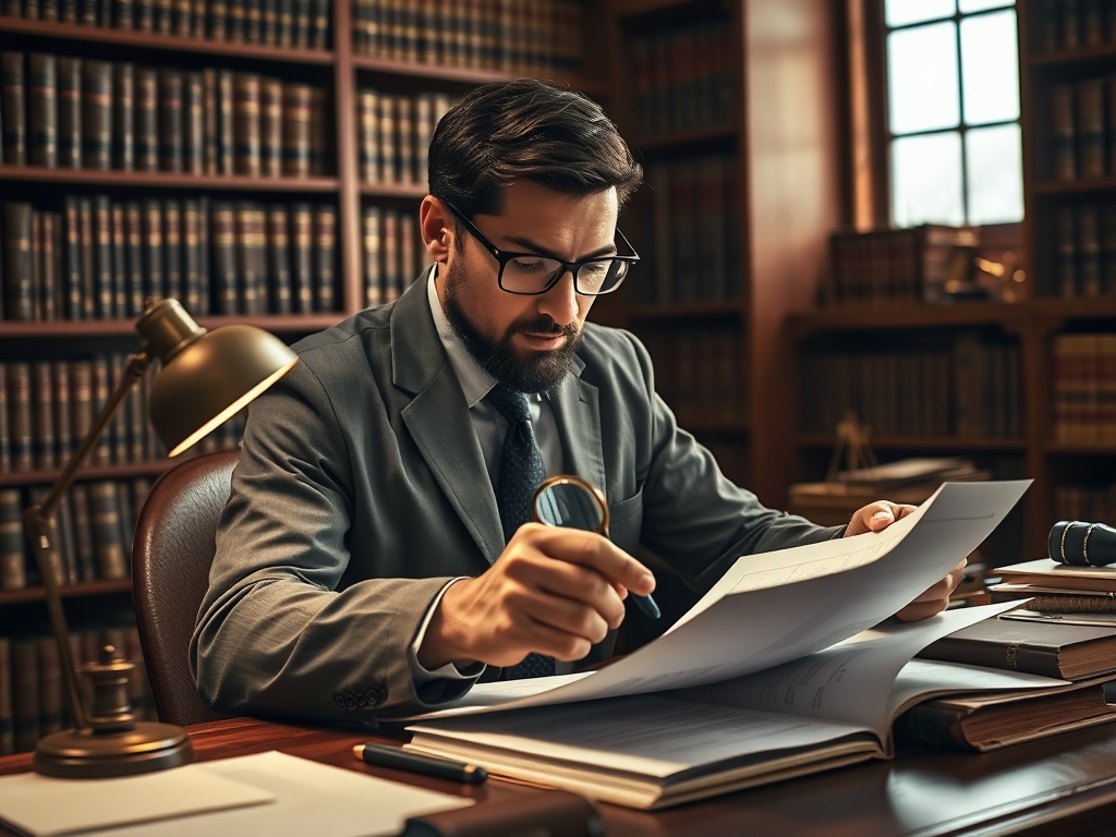 Мужчина в деловомSuit сидит за столом, изучая документы в библиотеке с книжными полками.