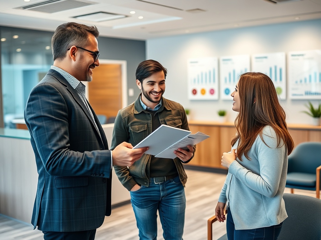Трое людей в офисе обсуждают документы и смеются, создавая дружелюбную атмосферу.