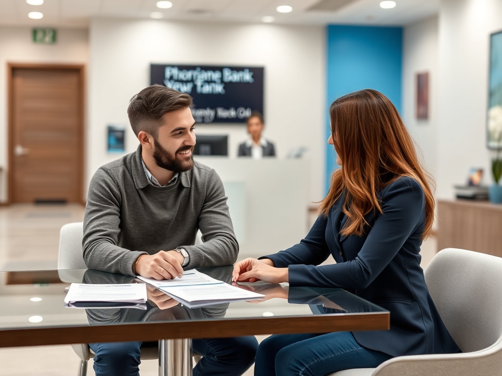 Два человека ведут деловой разговор в банке, документы лежат на столе, вся сцена выглядит дружелюбно.